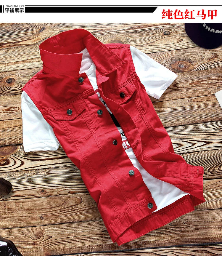 2021 New Thin Mens Vest Trousers 2pcs Set Denim Waistcoat Pencil Pants Casual Boys Slim Fit Single Breasted