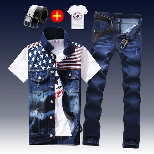 2021 New Thin Mens Vest Trousers 2pcs Set Denim Waistcoat Pencil Pants Casual Boys Slim Fit Single Breasted