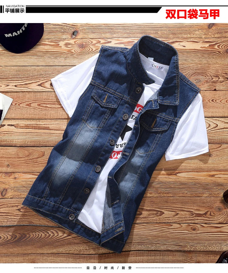 2021 New Thin Mens Vest Trousers 2pcs Set Denim Waistcoat Pencil Pants Casual Boys Slim Fit Single Breasted