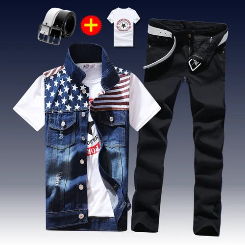 2021 New Thin Mens Vest Trousers 2pcs Set Denim Waistcoat Pencil Pants Casual Boys Slim Fit Single Breasted