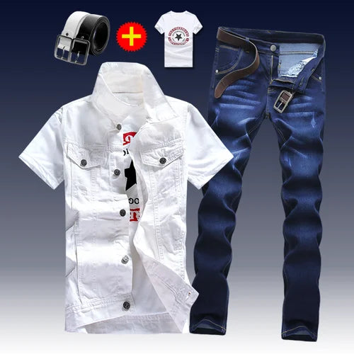 2021 New Thin Mens Vest Trousers 2pcs Set Denim Waistcoat Pencil Pants Casual Boys Slim Fit Single Breasted