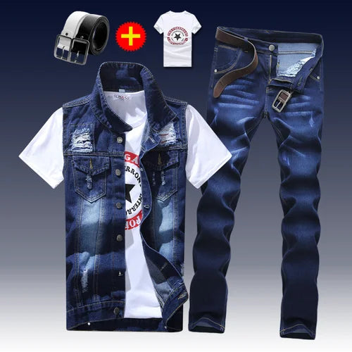 2021 New Thin Mens Vest Trousers 2pcs Set Denim Waistcoat Pencil Pants Casual Boys Slim Fit Single Breasted