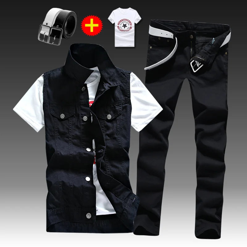 2021 New Thin Mens Vest Trousers 2pcs Set Denim Waistcoat Pencil Pants Casual Boys Slim Fit Single Breasted