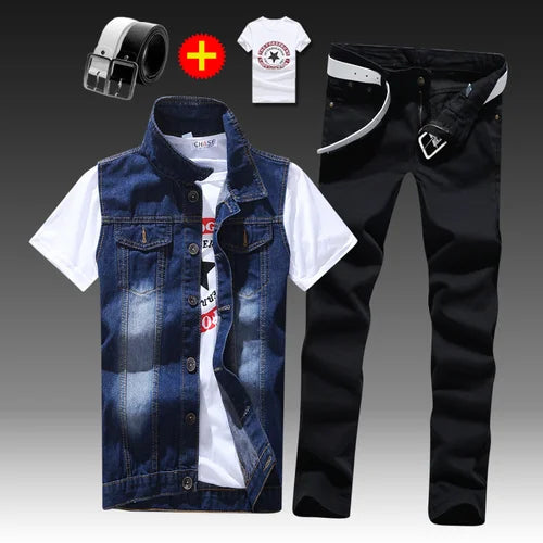 2021 New Thin Mens Vest Trousers 2pcs Set Denim Waistcoat Pencil Pants Casual Boys Slim Fit Single Breasted