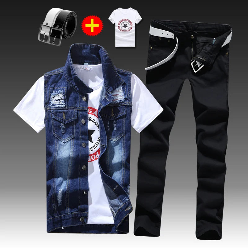 2021 New Thin Mens Vest Trousers 2pcs Set Denim Waistcoat Pencil Pants Casual Boys Slim Fit Single Breasted