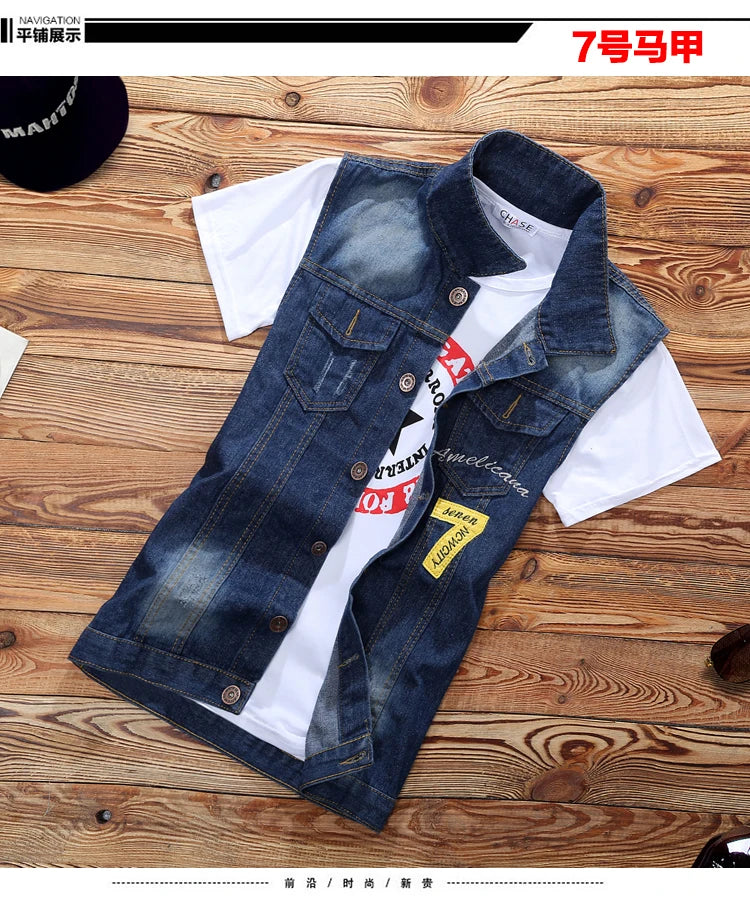 2021 New Thin Mens Vest Trousers 2pcs Set Denim Waistcoat Pencil Pants Casual Boys Slim Fit Single Breasted