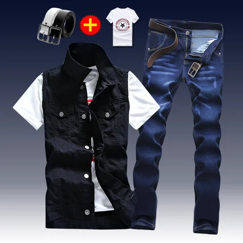 2021 New Thin Mens Vest Trousers 2pcs Set Denim Waistcoat Pencil Pants Casual Boys Slim Fit Single Breasted