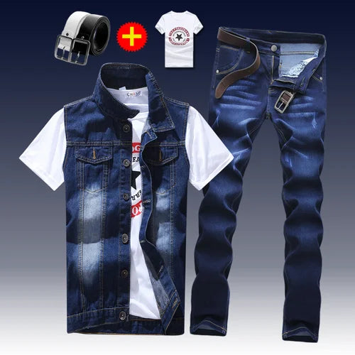 2021 New Thin Mens Vest Trousers 2pcs Set Denim Waistcoat Pencil Pants Casual Boys Slim Fit Single Breasted