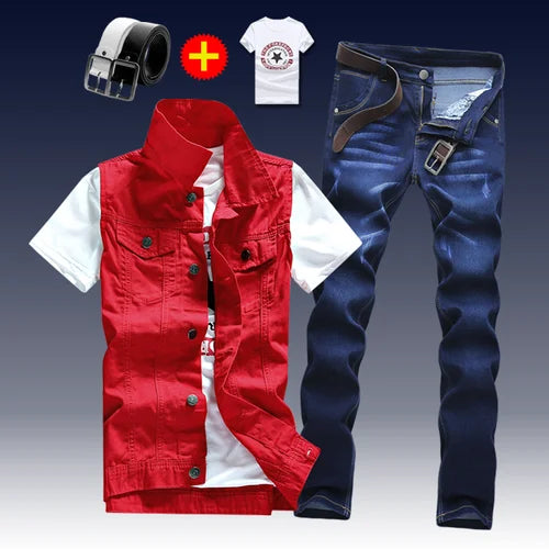 2021 New Thin Mens Vest Trousers 2pcs Set Denim Waistcoat Pencil Pants Casual Boys Slim Fit Single Breasted