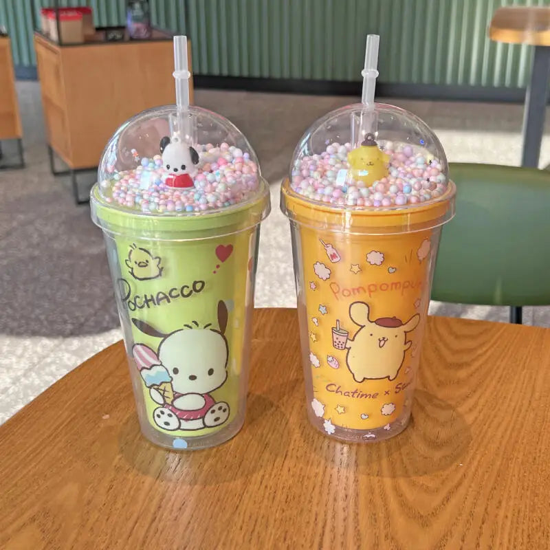 Sanrio Kawaii Anime Water Bottle Kuromi Double-Layer Plastic Cup Water Cup Cinnamoroll Portable Sport Mug Straw Water Cup Gifts