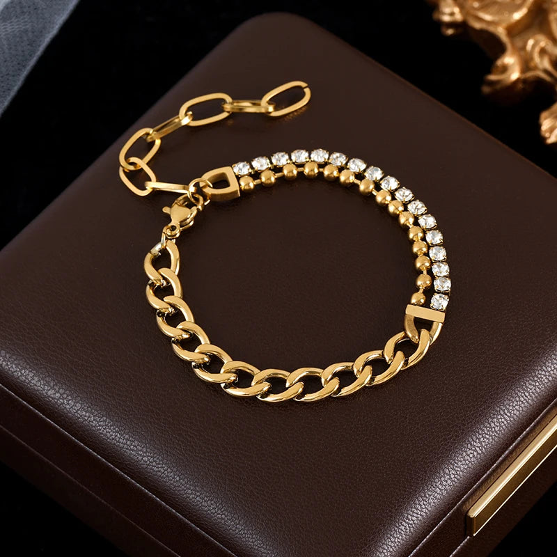 GANEMLY Trendy Gold Color Flower Heart Zircon Bracelet Bangle Stainless Steel Waterproof Jewelry For Women Party Gift pulseras