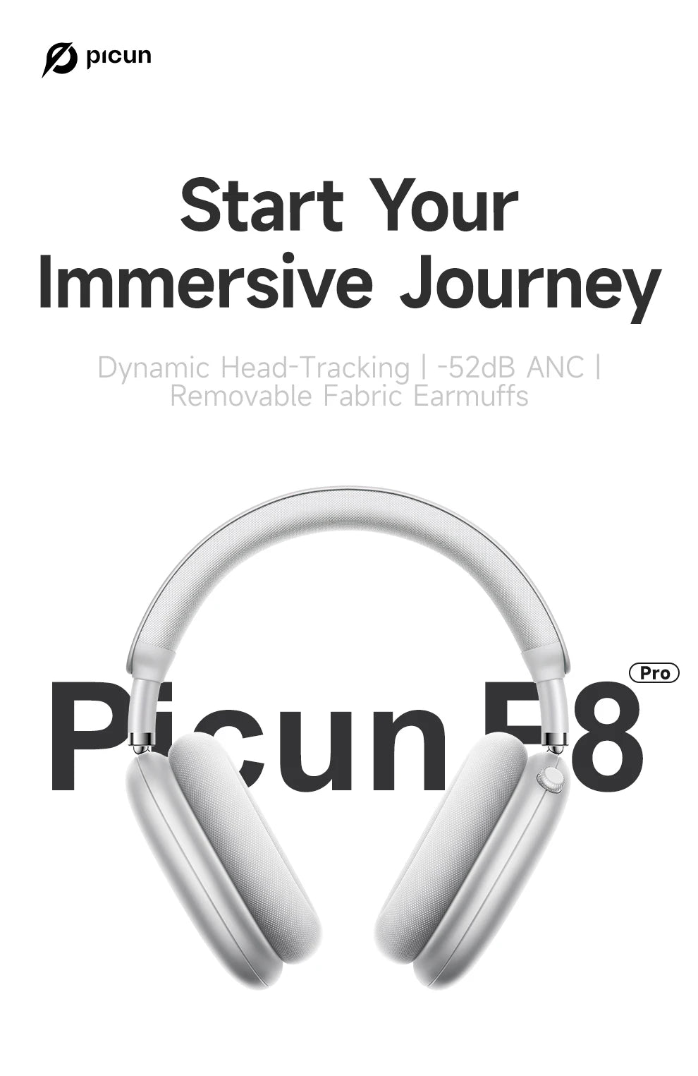 Picun F8 Pro ANC Wireless Headphones 3D Spatial Audio Head Tracking -52dB ANC HIFI Bluetooth Headset ENC HD Mic Low-Latency APP