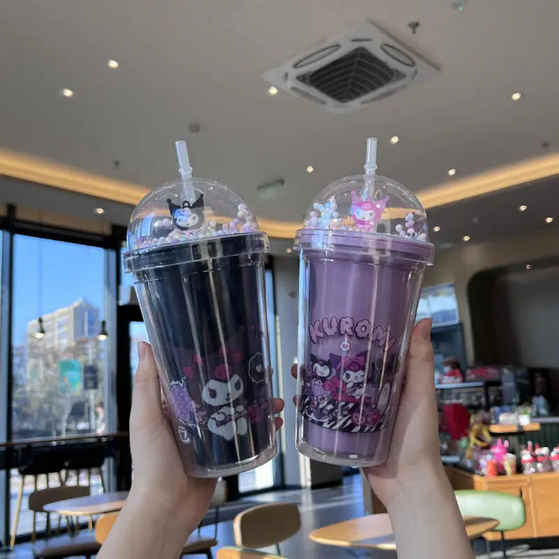 Sanrio Kawaii Anime Water Bottle Kuromi Double-Layer Plastic Cup Water Cup Cinnamoroll Portable Sport Mug Straw Water Cup Gifts