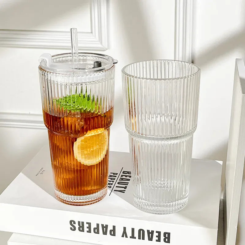 450ml/600ml Stripe Coffee Glass Cup Transparent Glass Cup With Lid and Straw Iced Coffee Mug Juice Milk Tea Water Cup Drinkware