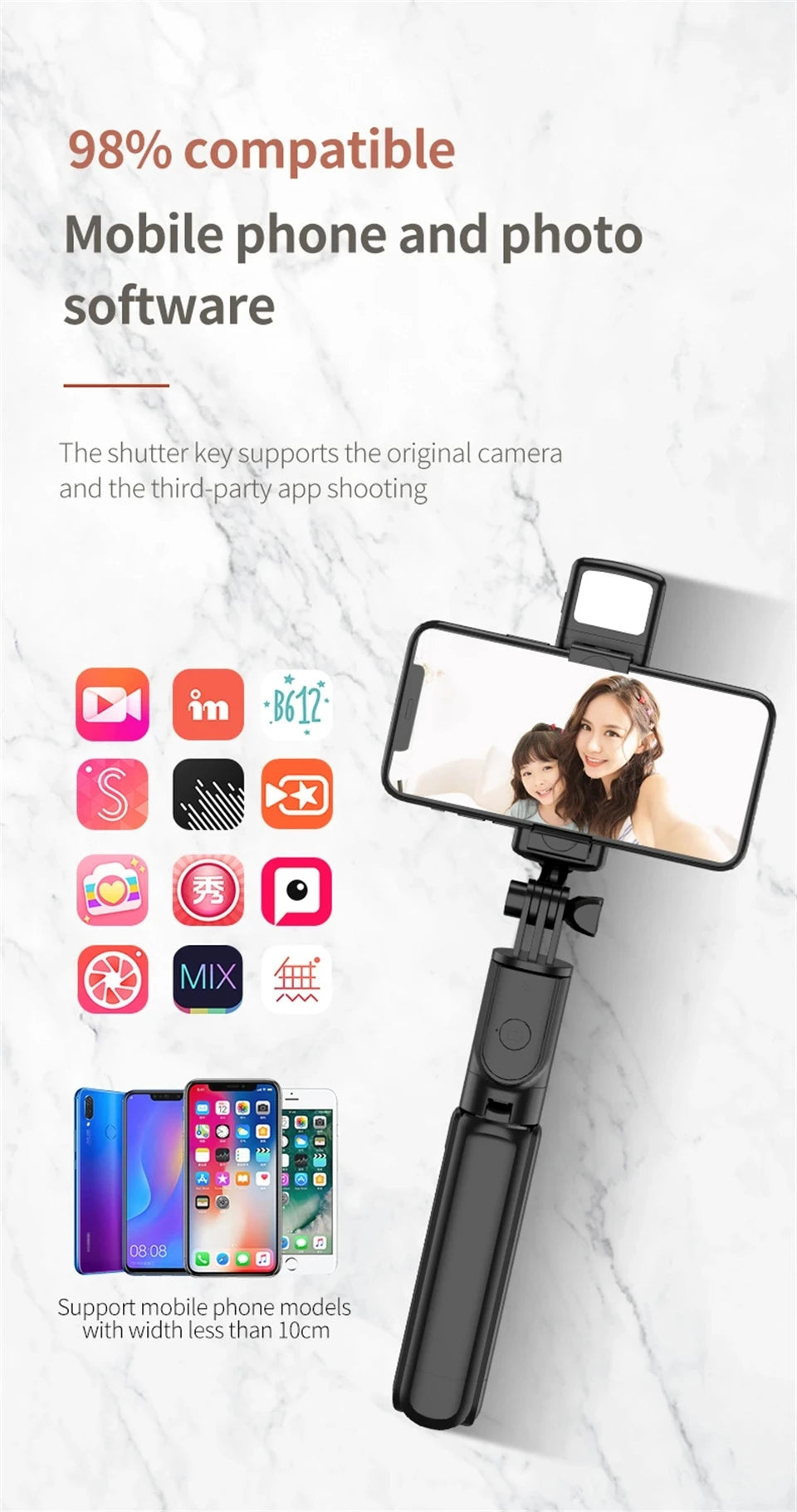 Wireless Selfie Stick Tripod Stand with Light Bluetooth Remote Extendable Tripod for iPhone Mobile Phone Tiktok Live Streaming