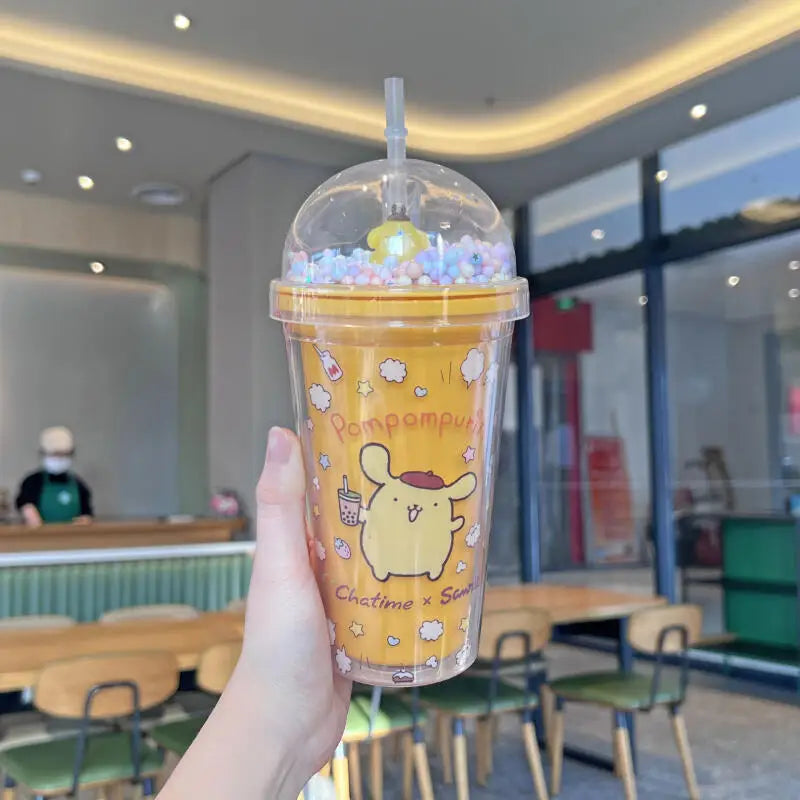 Sanrio Kawaii Anime Water Bottle Kuromi Double-Layer Plastic Cup Water Cup Cinnamoroll Portable Sport Mug Straw Water Cup Gifts