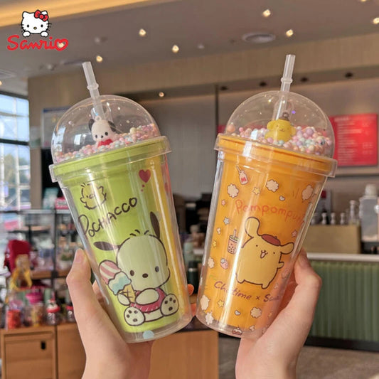 Sanrio Kawaii Anime Water Bottle Kuromi Double-Layer Plastic Cup Water Cup Cinnamoroll Portable Sport Mug Straw Water Cup Gifts