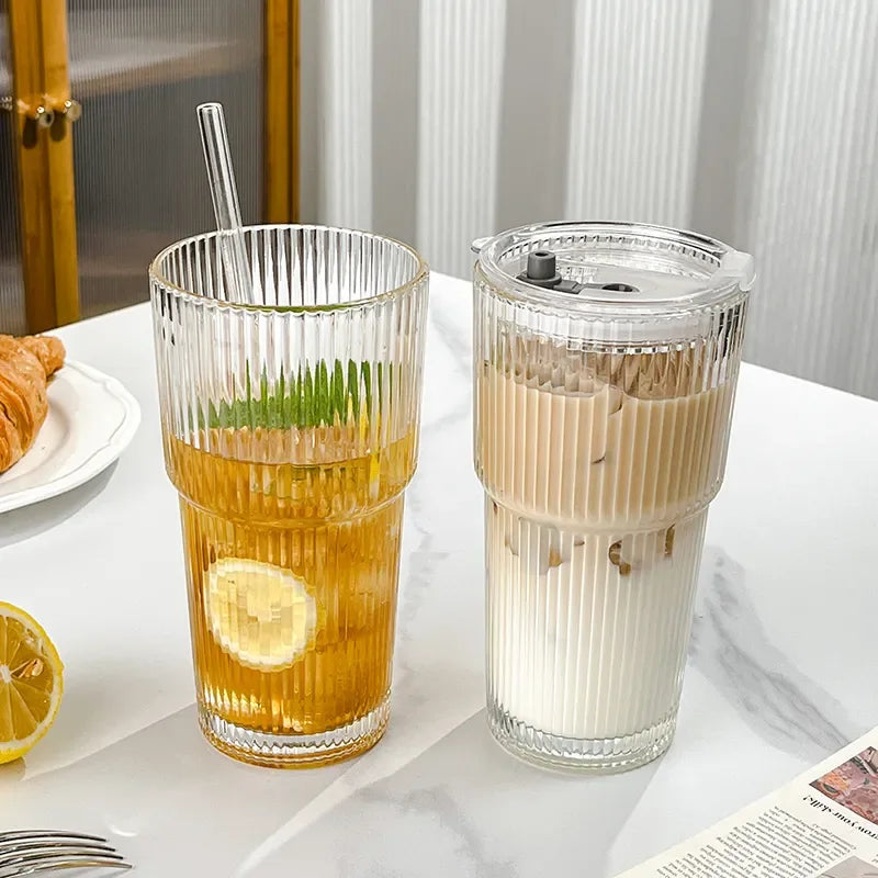 450ml/600ml Stripe Coffee Glass Cup Transparent Glass Cup With Lid and Straw Iced Coffee Mug Juice Milk Tea Water Cup Drinkware