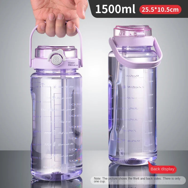 1PC 1.5L Sports Water Cup With Straws & Handle BPA-Free Leak-Proof Portable Water Bottle Large Capacity Plastic Straw Water Cup