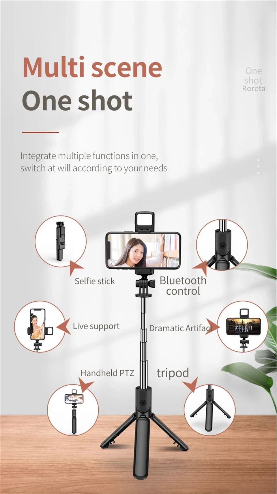 Wireless Selfie Stick Tripod Stand with Light Bluetooth Remote Extendable Tripod for iPhone Mobile Phone Tiktok Live Streaming