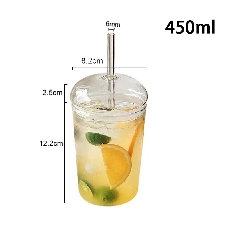 450ML Drinking Glasses with Dome Lids and Glass Straw Can Shaped Glass Cups Beer Glasses Iced Coffee Tumbler Cup DIY Drinkware