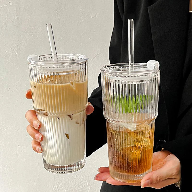 450ml/600ml Stripe Coffee Glass Cup Transparent Glass Cup With Lid and Straw Iced Coffee Mug Juice Milk Tea Water Cup Drinkware