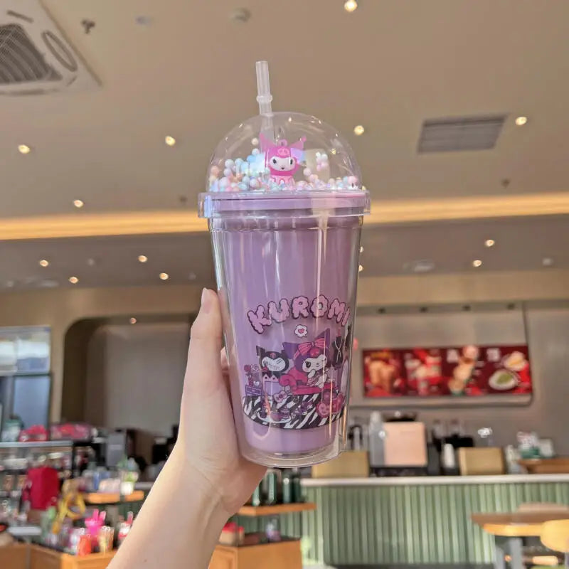 Sanrio Kawaii Anime Water Bottle Kuromi Double-Layer Plastic Cup Water Cup Cinnamoroll Portable Sport Mug Straw Water Cup Gifts