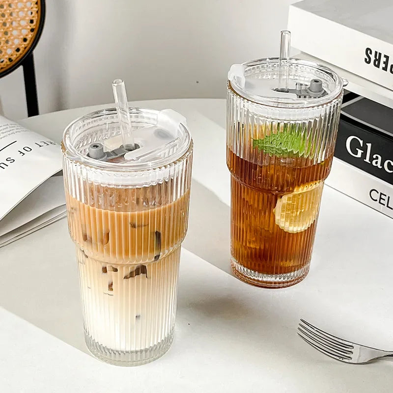 450ml/600ml Stripe Coffee Glass Cup Transparent Glass Cup With Lid and Straw Iced Coffee Mug Juice Milk Tea Water Cup Drinkware