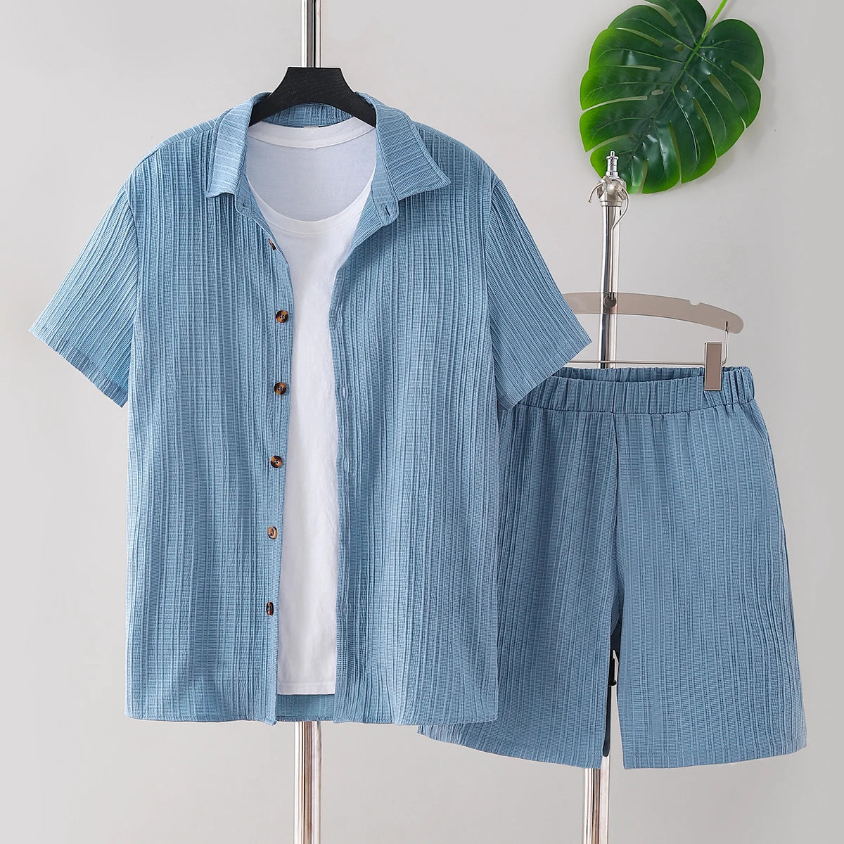 New adult summer open chest button short sleeved+loose shorts casual outfit