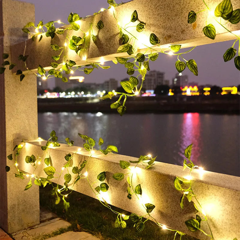 Solar Artificial Leaf Led String Flower Lights Garland Christmas Decoration Outdoor Room Curtain Lamp Wedding Party Garden Decor