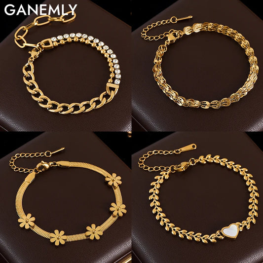 GANEMLY Trendy Gold Color Flower Heart Zircon Bracelet Bangle Stainless Steel Waterproof Jewelry For Women Party Gift pulseras