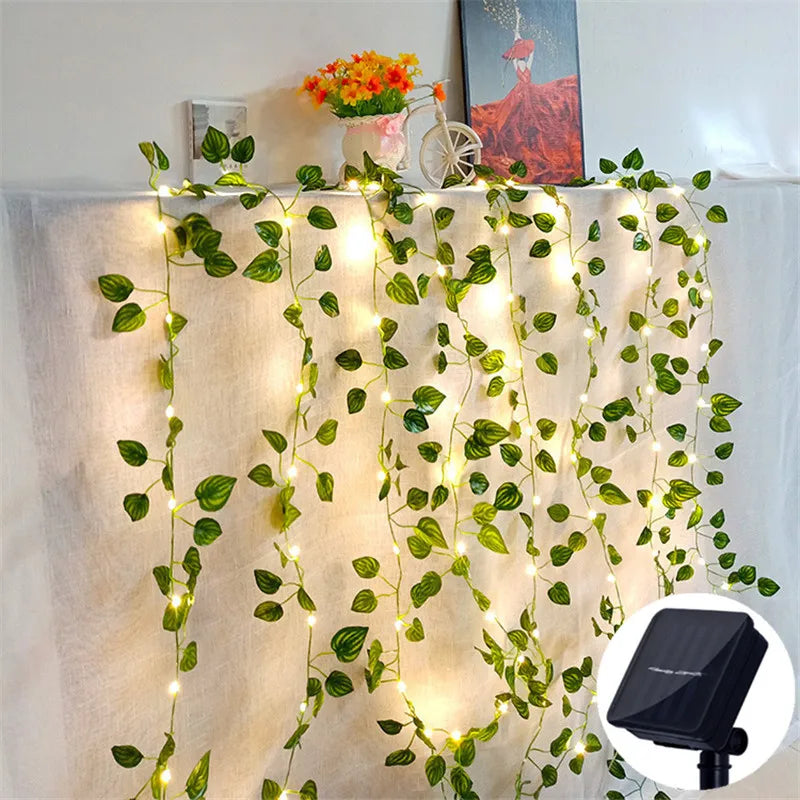 Solar Artificial Leaf Led String Flower Lights Garland Christmas Decoration Outdoor Room Curtain Lamp Wedding Party Garden Decor