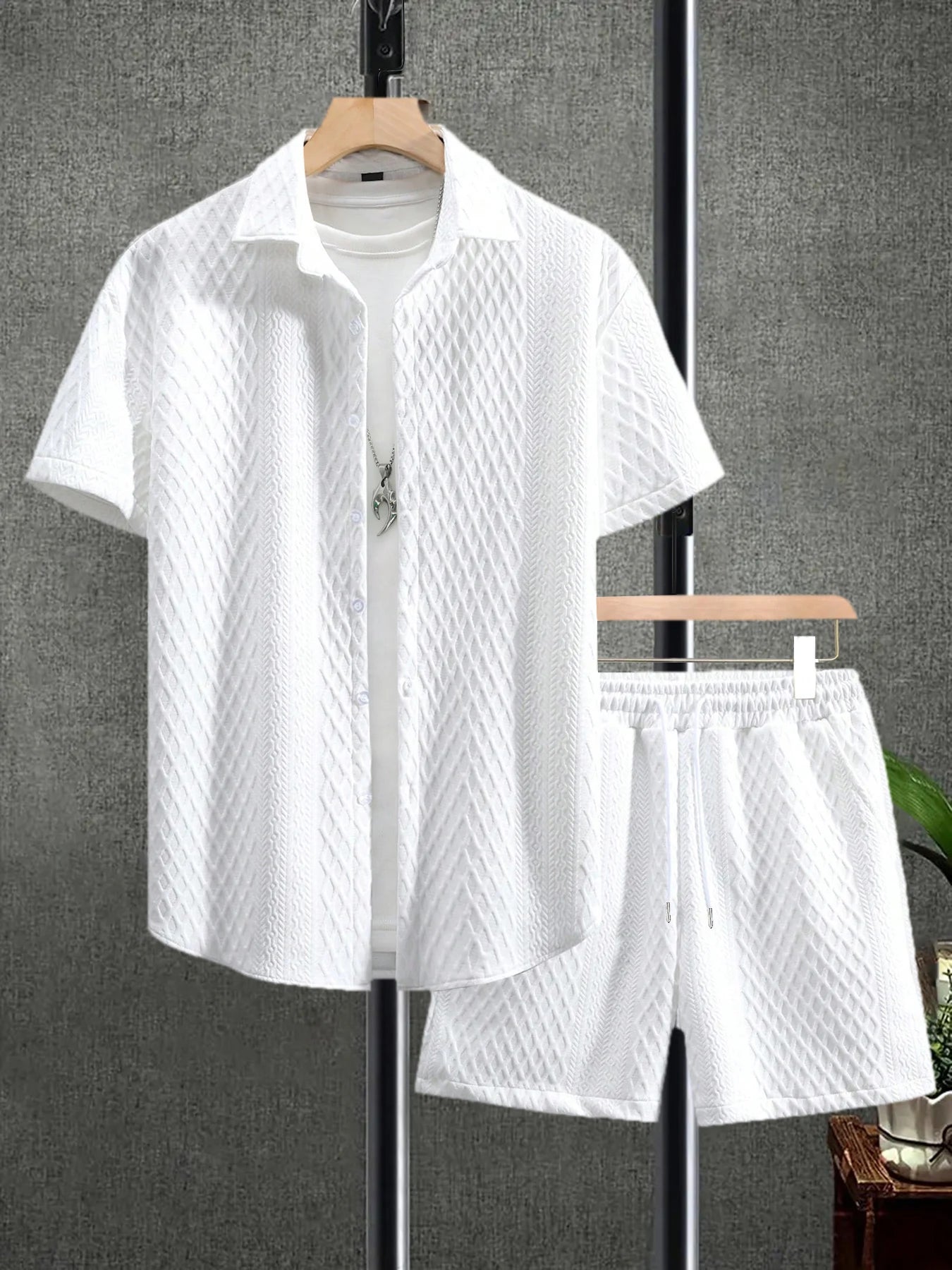 Men's 2 Pieces Heavy Weight Casual Outfits, Knitted Textured Short Sleeves Lapel Collar Shirt and Drawstring Shorts