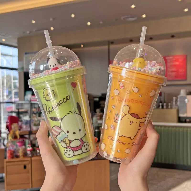 Sanrio Kawaii Anime Water Bottle Kuromi Double-Layer Plastic Cup Water Cup Cinnamoroll Portable Sport Mug Straw Water Cup Gifts