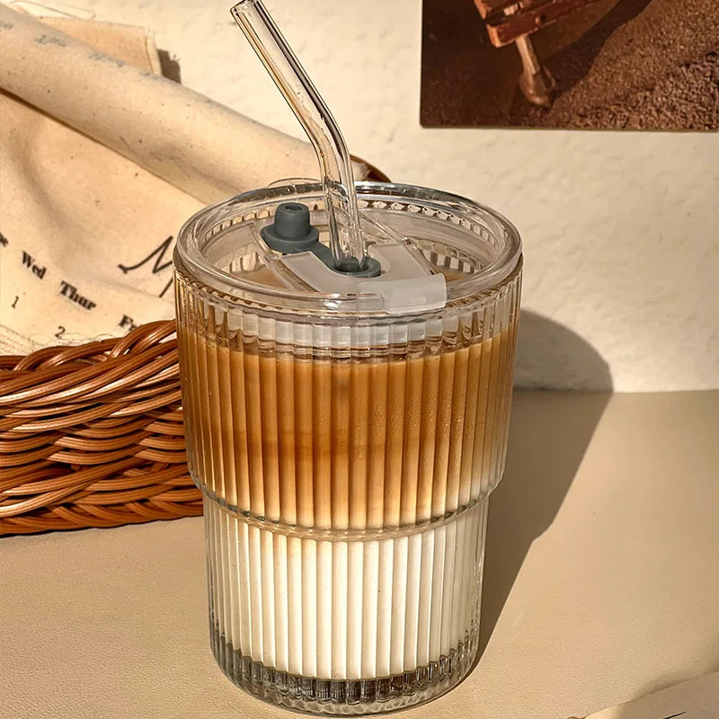 450ml/600ml Stripe Coffee Glass Cup Transparent Glass Cup With Lid and Straw Iced Coffee Mug Juice Milk Tea Water Cup Drinkware