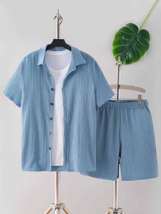 New adult summer open chest button short sleeved+loose shorts casual outfit