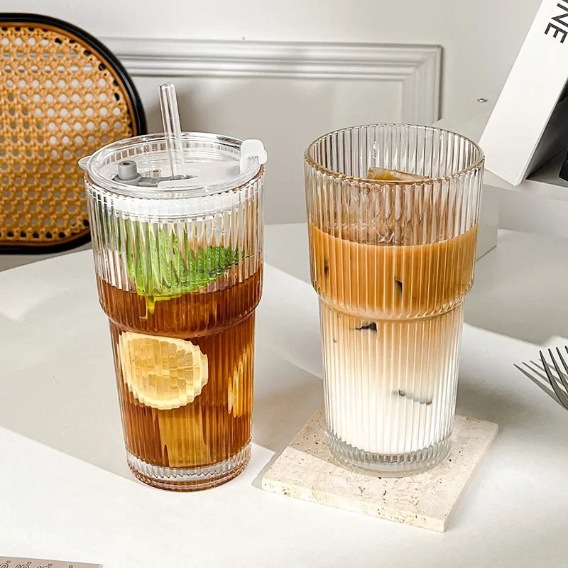 450ml/600ml Stripe Coffee Glass Cup Transparent Glass Cup With Lid and Straw Iced Coffee Mug Juice Milk Tea Water Cup Drinkware