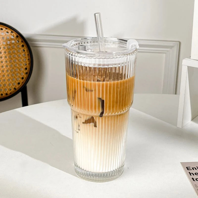 450ml/600ml Stripe Coffee Glass Cup Transparent Glass Cup With Lid and Straw Iced Coffee Mug Juice Milk Tea Water Cup Drinkware