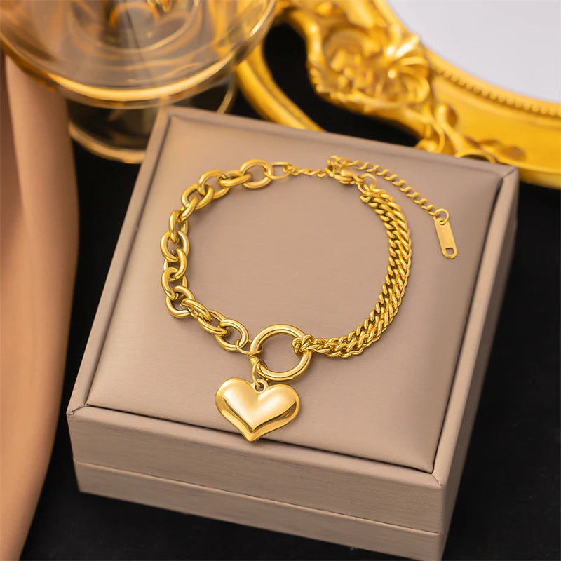 316L Stainless Steel New Fashion Fine Jewelry 7 Different Styles Heart Daisy Bamboo Knots Charm Thick Chain Bracelets For Women