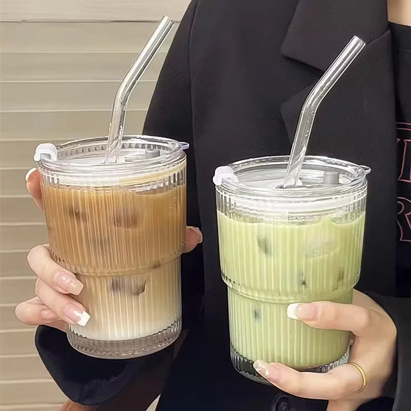 450ml/600ml Stripe Coffee Glass Cup Transparent Glass Cup With Lid and Straw Iced Coffee Mug Juice Milk Tea Water Cup Drinkware