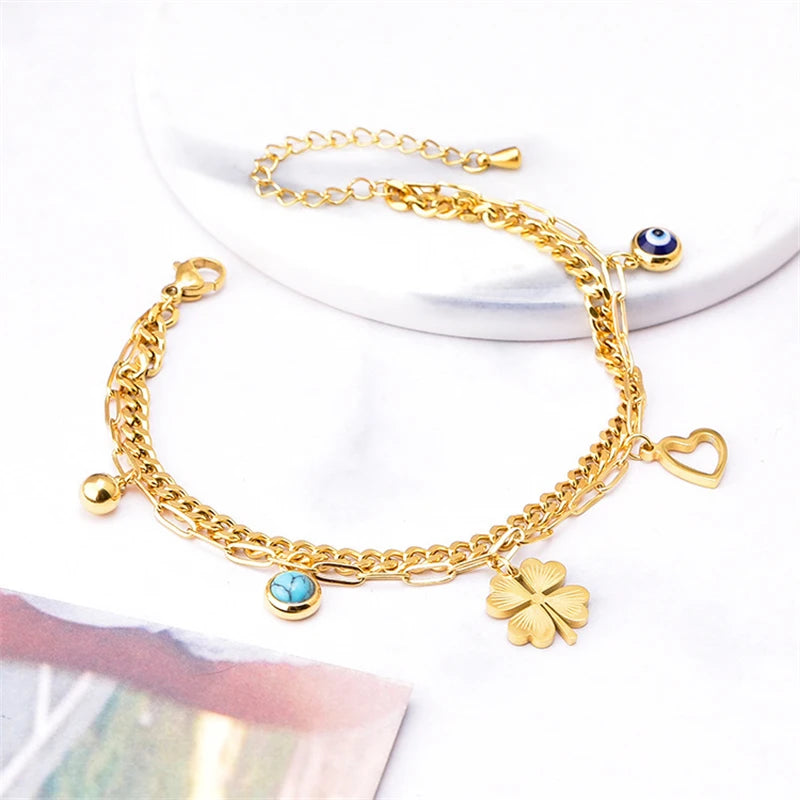 316L Stainless Steel New Fashion Fine Jewelry 7 Different Styles Heart Daisy Bamboo Knots Charm Thick Chain Bracelets For Women