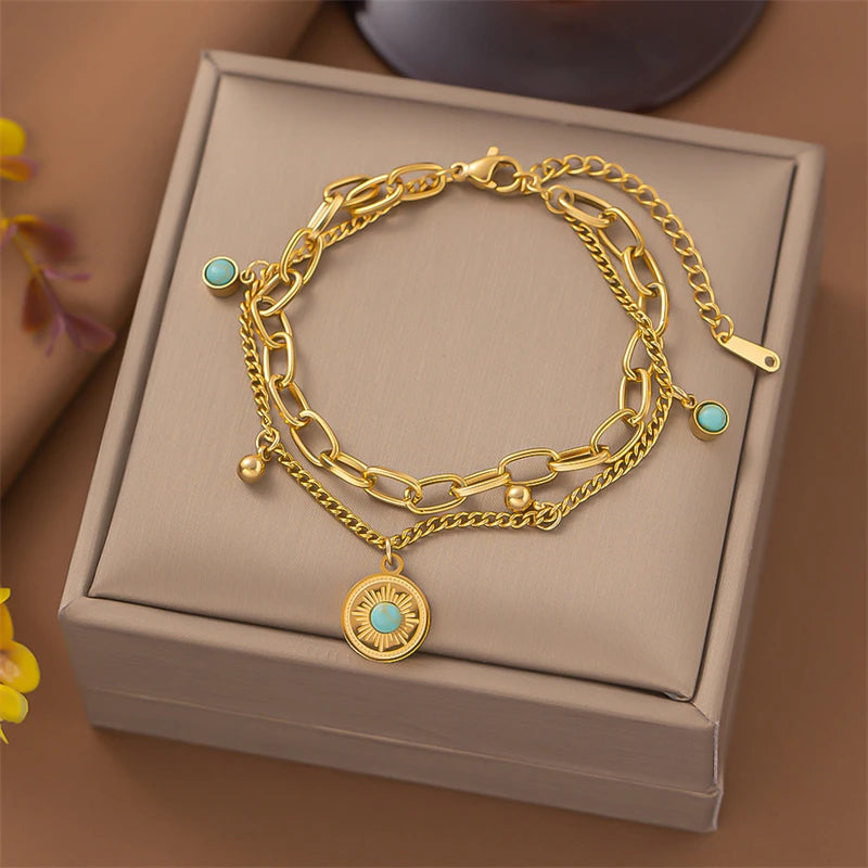 316L Stainless Steel New Fashion Fine Jewelry 7 Different Styles Heart Daisy Bamboo Knots Charm Thick Chain Bracelets For Women