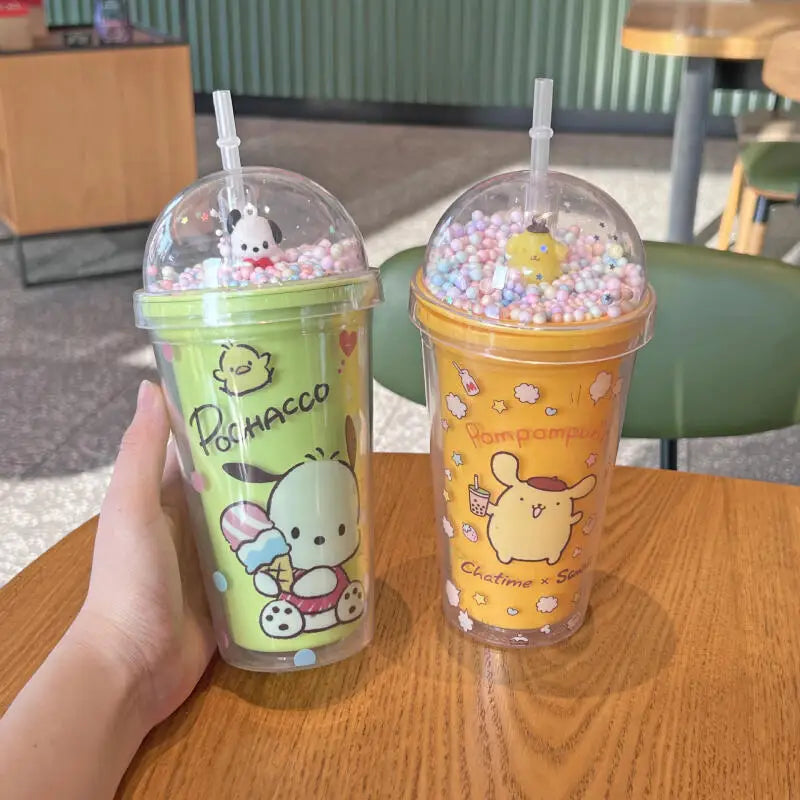 Sanrio Kawaii Anime Water Bottle Kuromi Double-Layer Plastic Cup Water Cup Cinnamoroll Portable Sport Mug Straw Water Cup Gifts