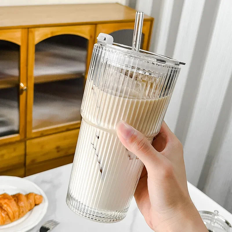 450ml/600ml Stripe Coffee Glass Cup Transparent Glass Cup With Lid and Straw Iced Coffee Mug Juice Milk Tea Water Cup Drinkware