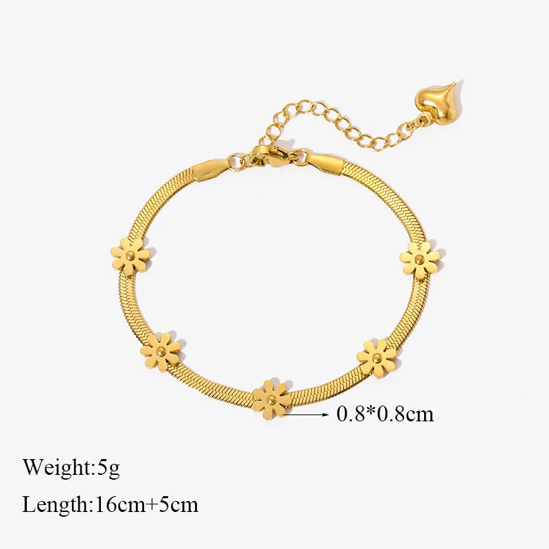 GANEMLY Trendy Gold Color Flower Heart Zircon Bracelet Bangle Stainless Steel Waterproof Jewelry For Women Party Gift pulseras