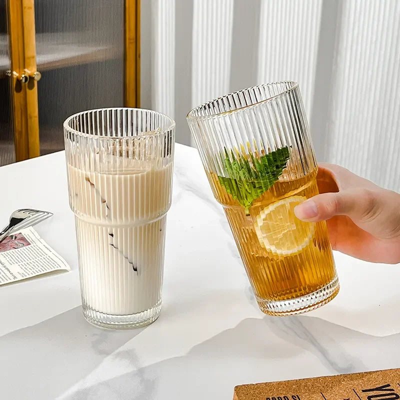 450ml/600ml Stripe Coffee Glass Cup Transparent Glass Cup With Lid and Straw Iced Coffee Mug Juice Milk Tea Water Cup Drinkware