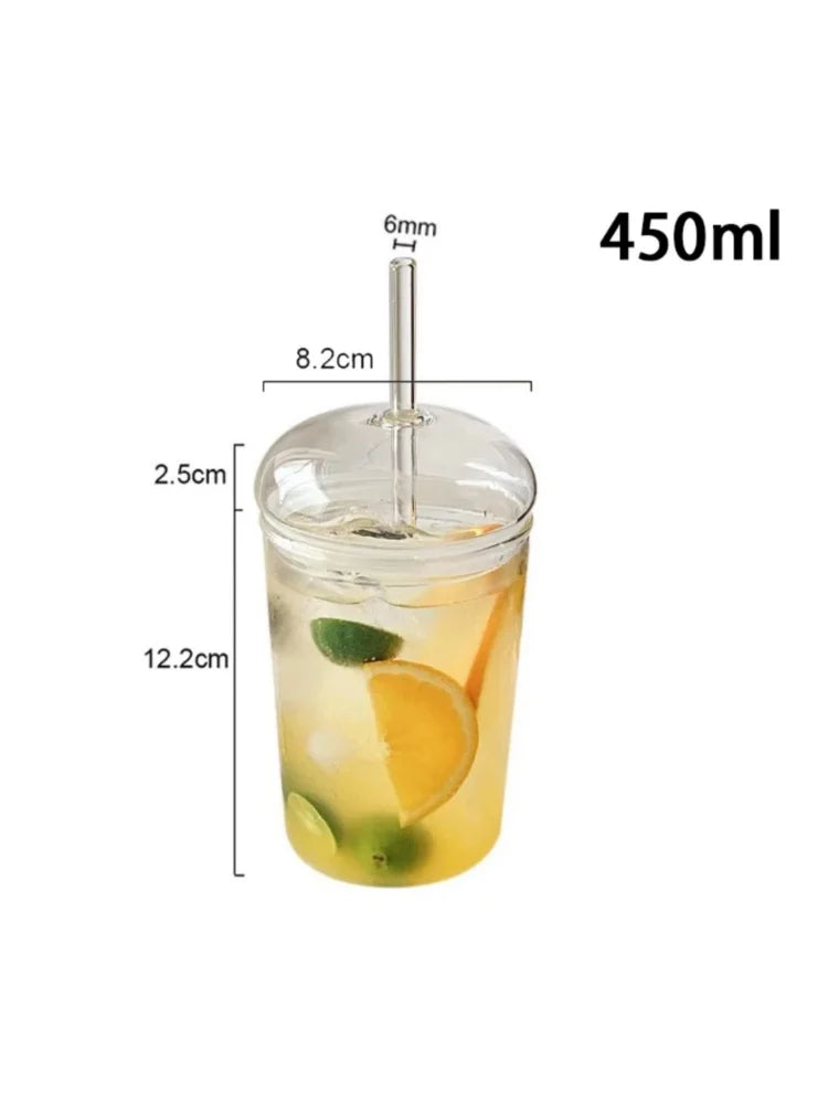 450ML Drinking Glasses with Dome Lids and Glass Straw Can Shaped Glass Cups Beer Glasses Iced Coffee Tumbler Cup DIY Drinkware