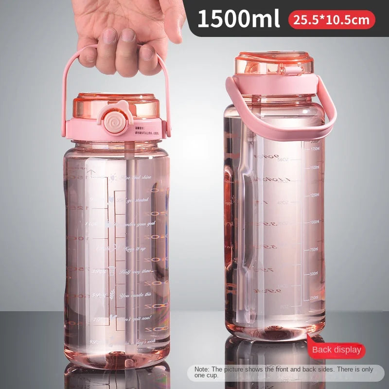 1PC 1.5L Sports Water Cup With Straws & Handle BPA-Free Leak-Proof Portable Water Bottle Large Capacity Plastic Straw Water Cup