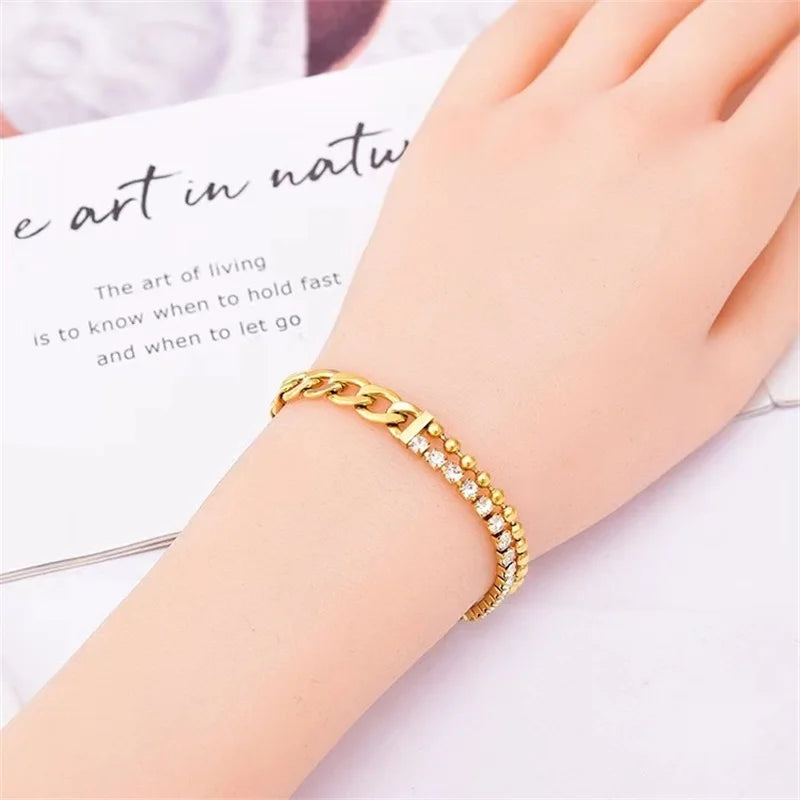 GANEMLY Trendy Gold Color Flower Heart Zircon Bracelet Bangle Stainless Steel Waterproof Jewelry For Women Party Gift pulseras