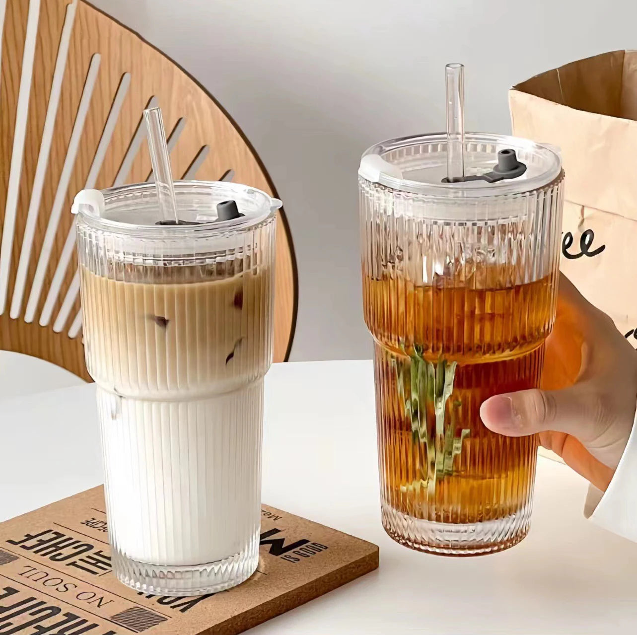 450ml/600ml Stripe Coffee Glass Cup Transparent Glass Cup With Lid and Straw Iced Coffee Mug Juice Milk Tea Water Cup Drinkware